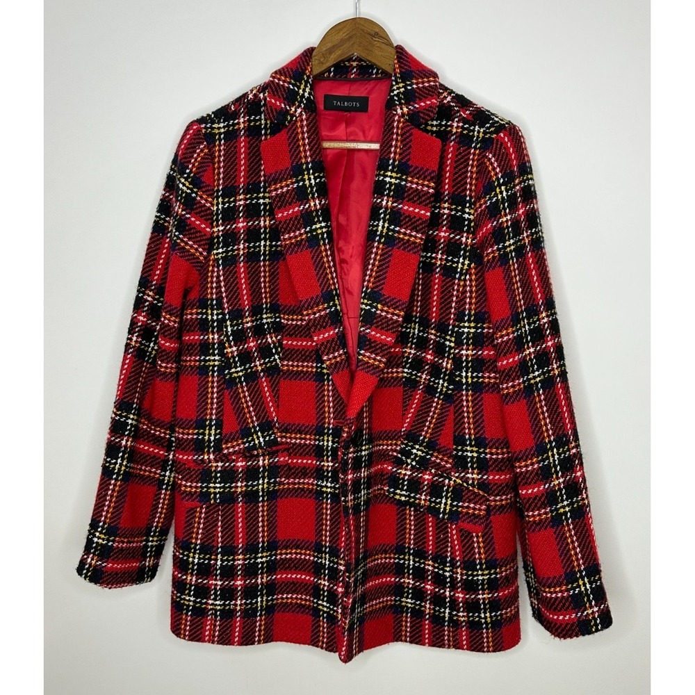Talbots Snowstorm Plaid Blazer Red Tweed Wool Blend Flap Pockets Tartan Preppy - Picture 12 of 12